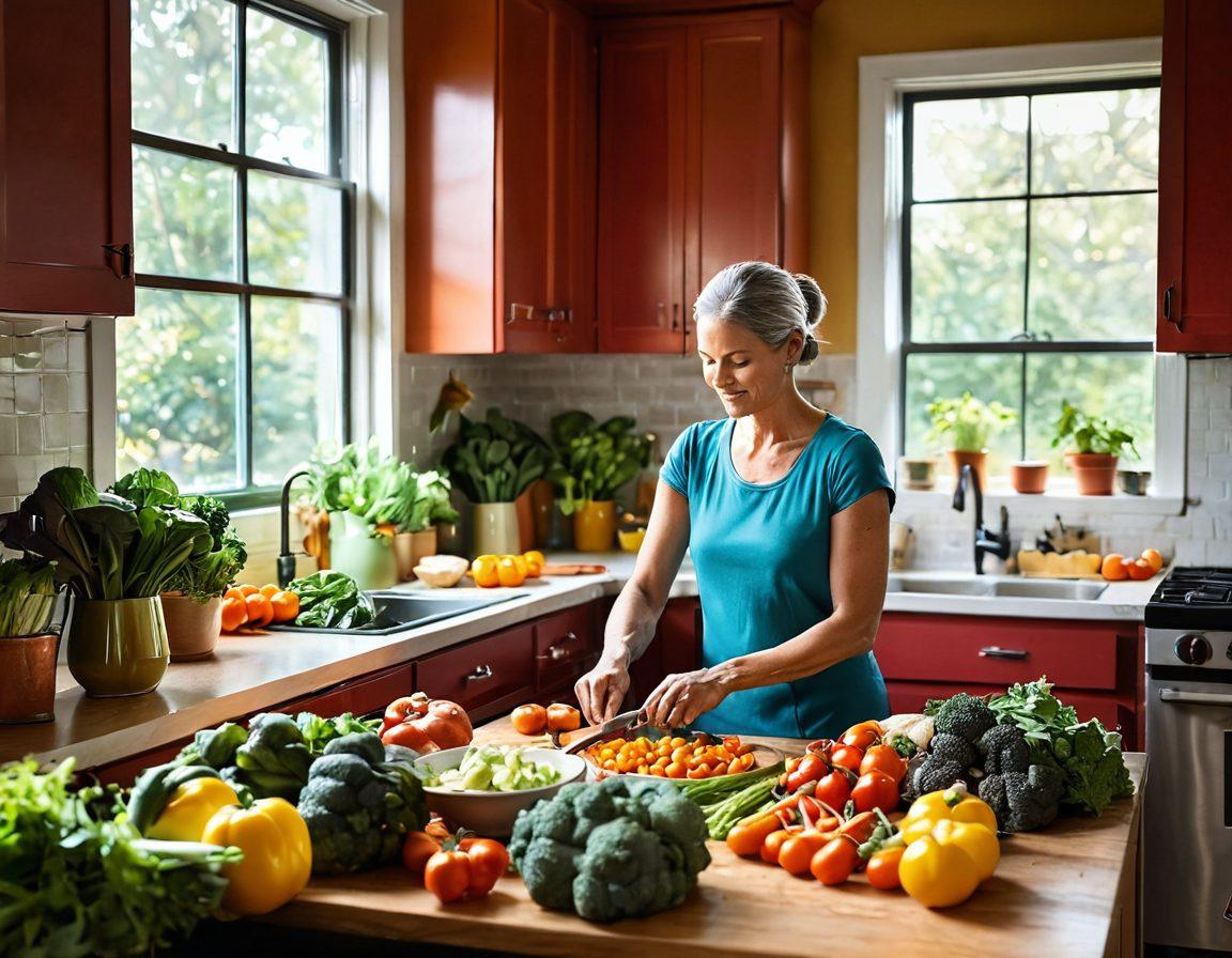 A compassionate scene depicting a cancer survivor engaging in a colorful kitchen, preparing a nutritious meal with fresh vegetables and grains. Surrounding them, supportive family members offer encouragement, while a sunlit window casts a warm glow over the scene, symbolizing hope and resilience. Incorporate elements that represent strength, such as a journal or vision board in the background. super-realistic. vibrant colors. warm tones.